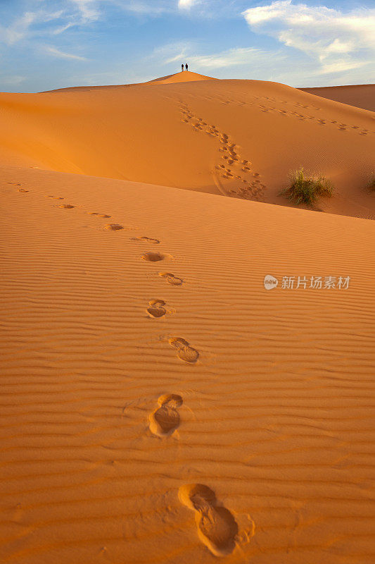 在非洲摩洛哥日出的Erg Chebbi沙丘上的男人